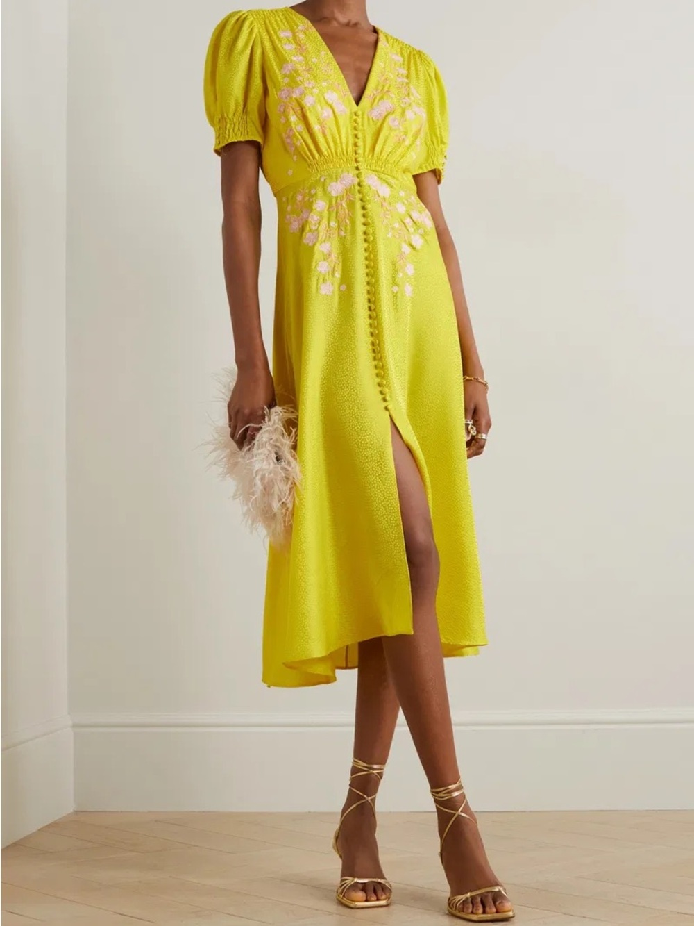SALONI Lea dress. Bright Yellow Midi Dress with Pink Floral Embroidery